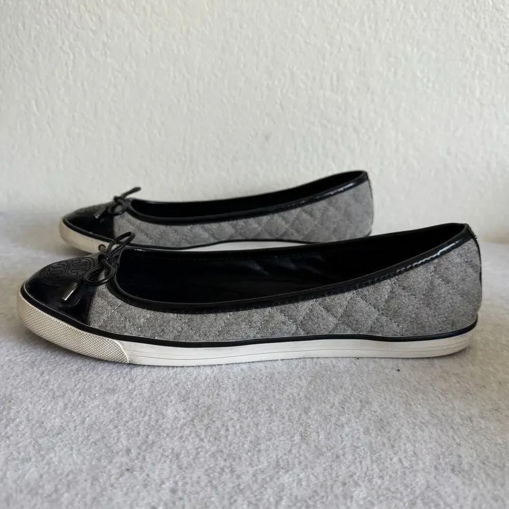 Tory Burch Skyler Grey Quilted Wool and Patent Leather Flats Size 10